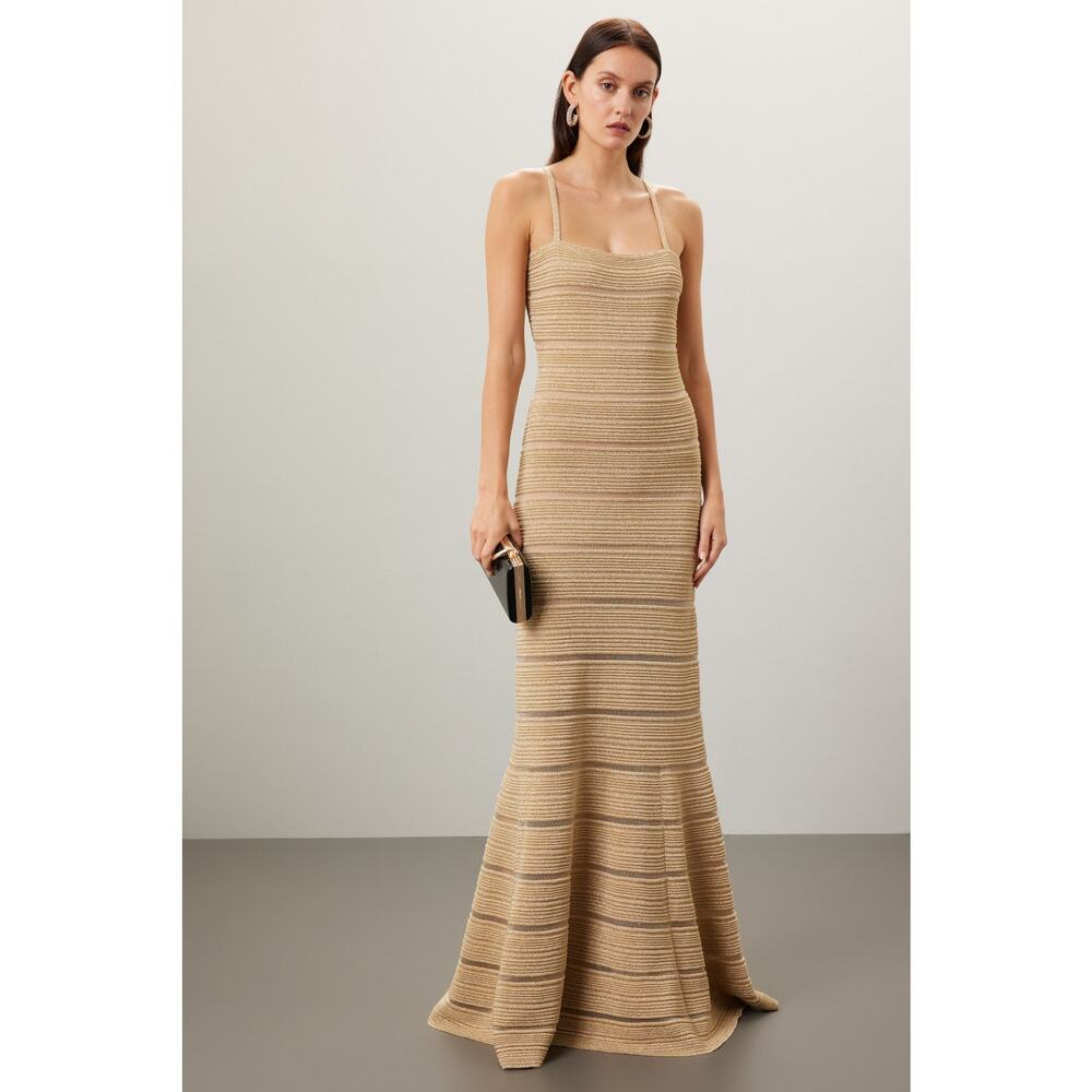 Hervé Léger Gold Metallic Bandage Striped Trumpet Gown Scoop Neck Formal Size L